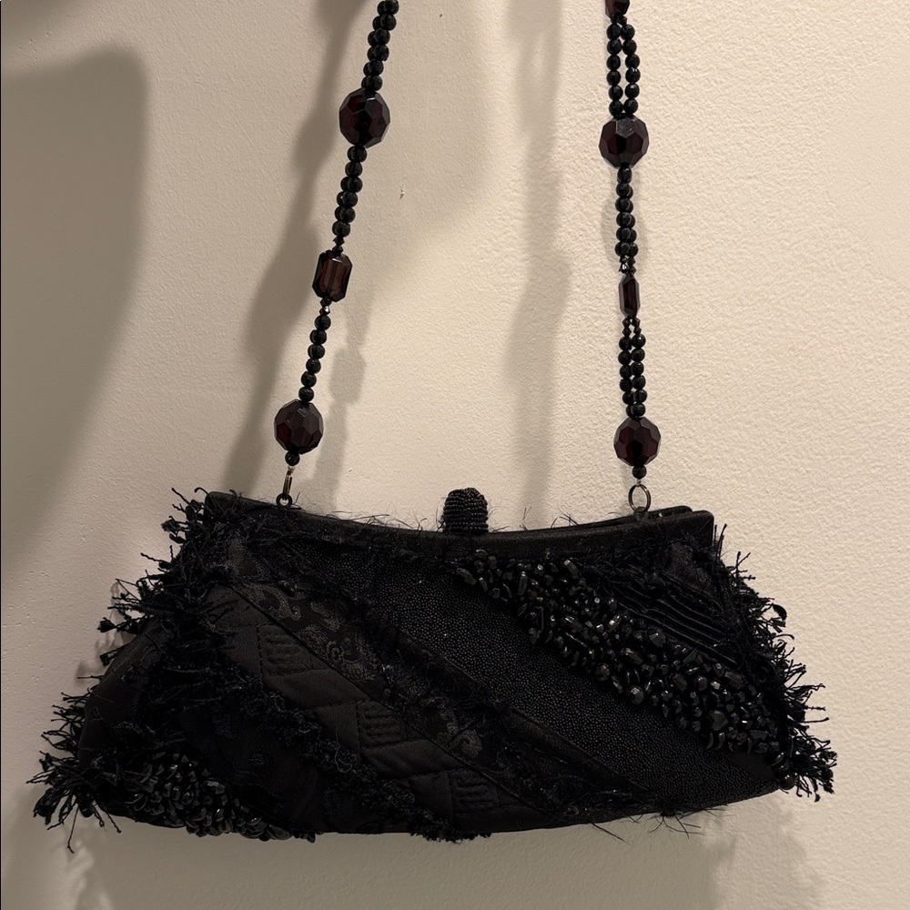 Mary Frances Black Beaded Clutch with Beaded Strap